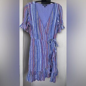 Express Wrap Dress Blue Lined Multicolor Stripe Short Ruffle Sleeve V-Neck Small